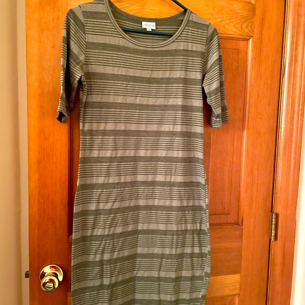 LuLaRoe Dress Green/Gray Stripe Size Small
